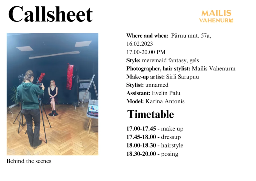Call sheet fotograaf Mailis Vahenurme fotosessioonist.
