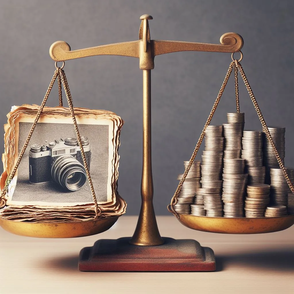 Illustreeriv pilt fotokaamerast tehtud pildist ja rahast, mis on kaalule asetatud, tehtud AI rakendusega Copilot.