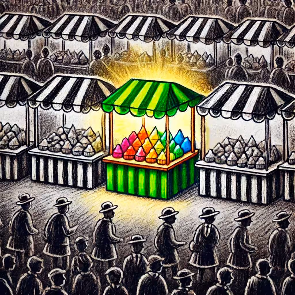 Illustreeriv pilt turuplatsist, kus üks müügilett on eriti silmapaistev, tehtud AI rakendusega DALL·E. Illustreeriv pilt turuplatsist, kus üks müügilett on eriti silmapaistev, tehtud AI rakendusega DALL·E.